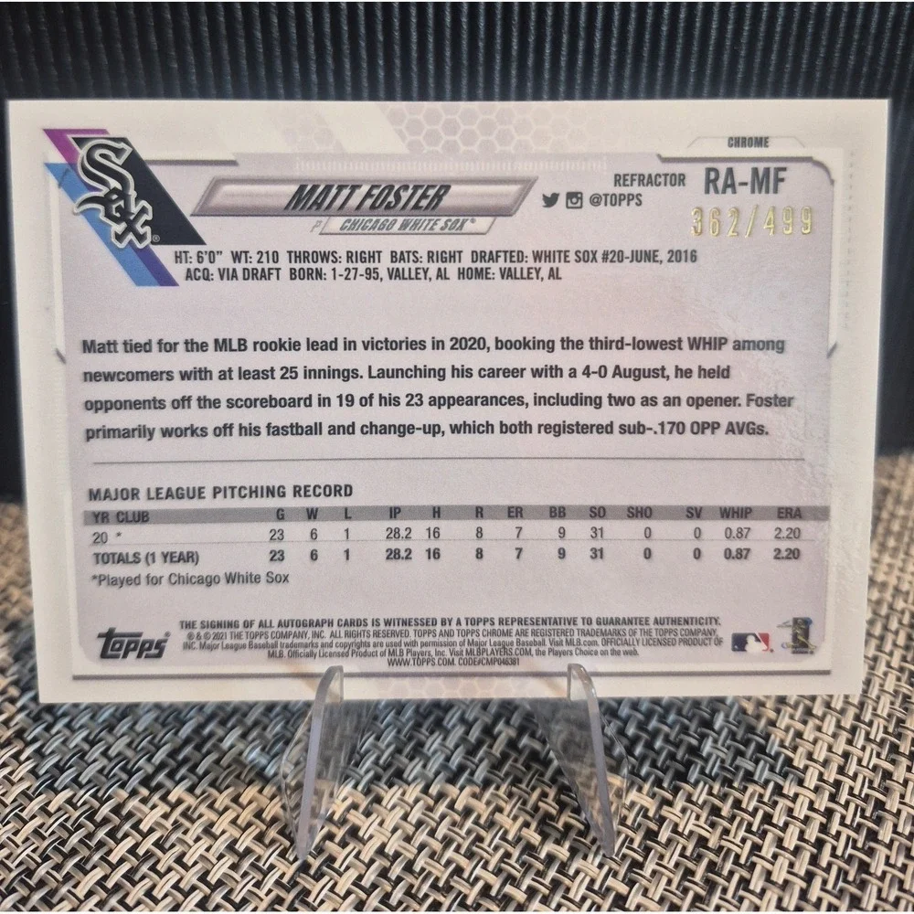 2021 Topps Chrome Matt Foster #RA-MF‎ Rookie Autos Refractor /499 (RC) White Sox